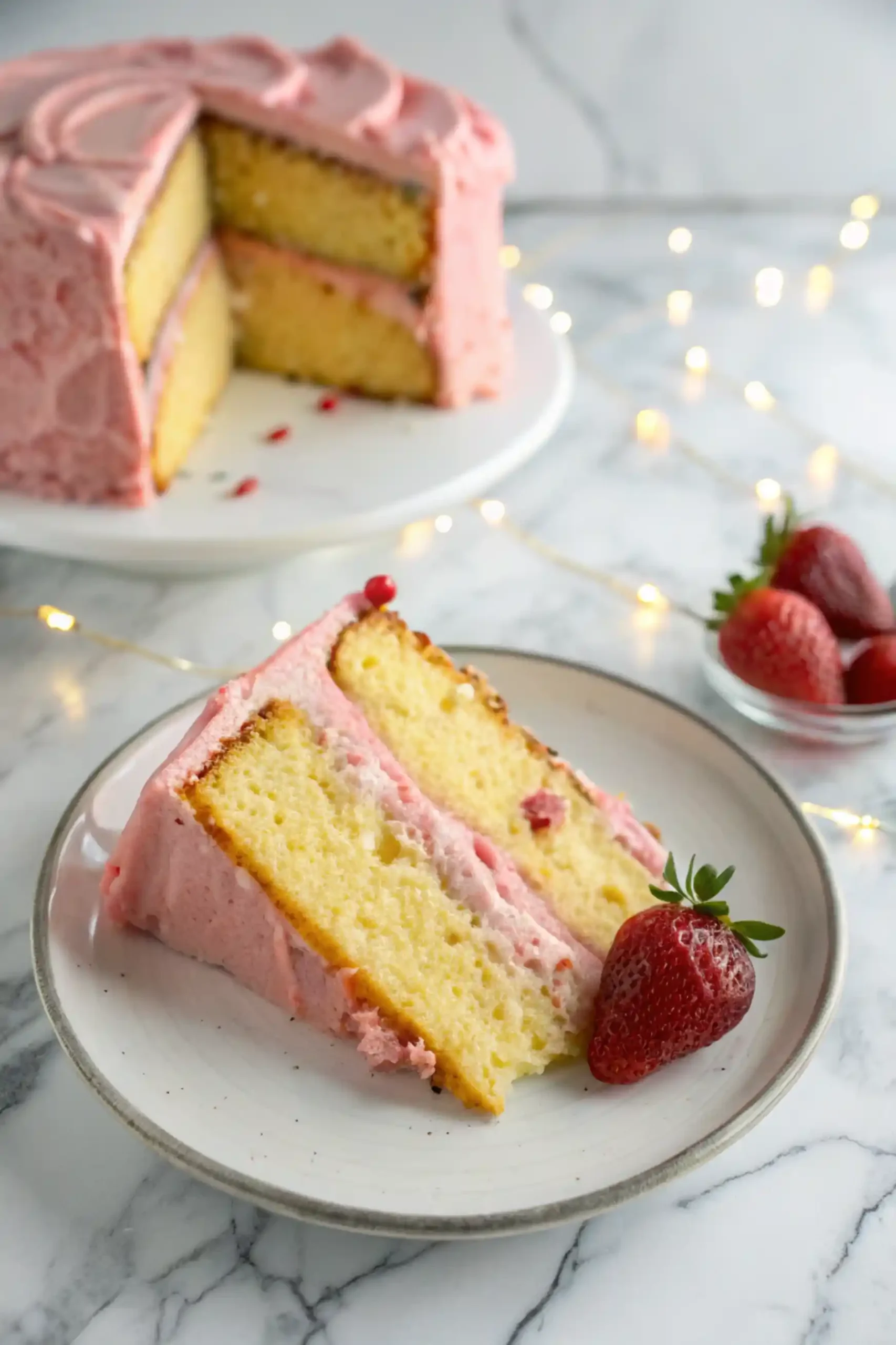 A slice of Strawberry Lemon Cake is placed on a white plate and a strawberry next to it.