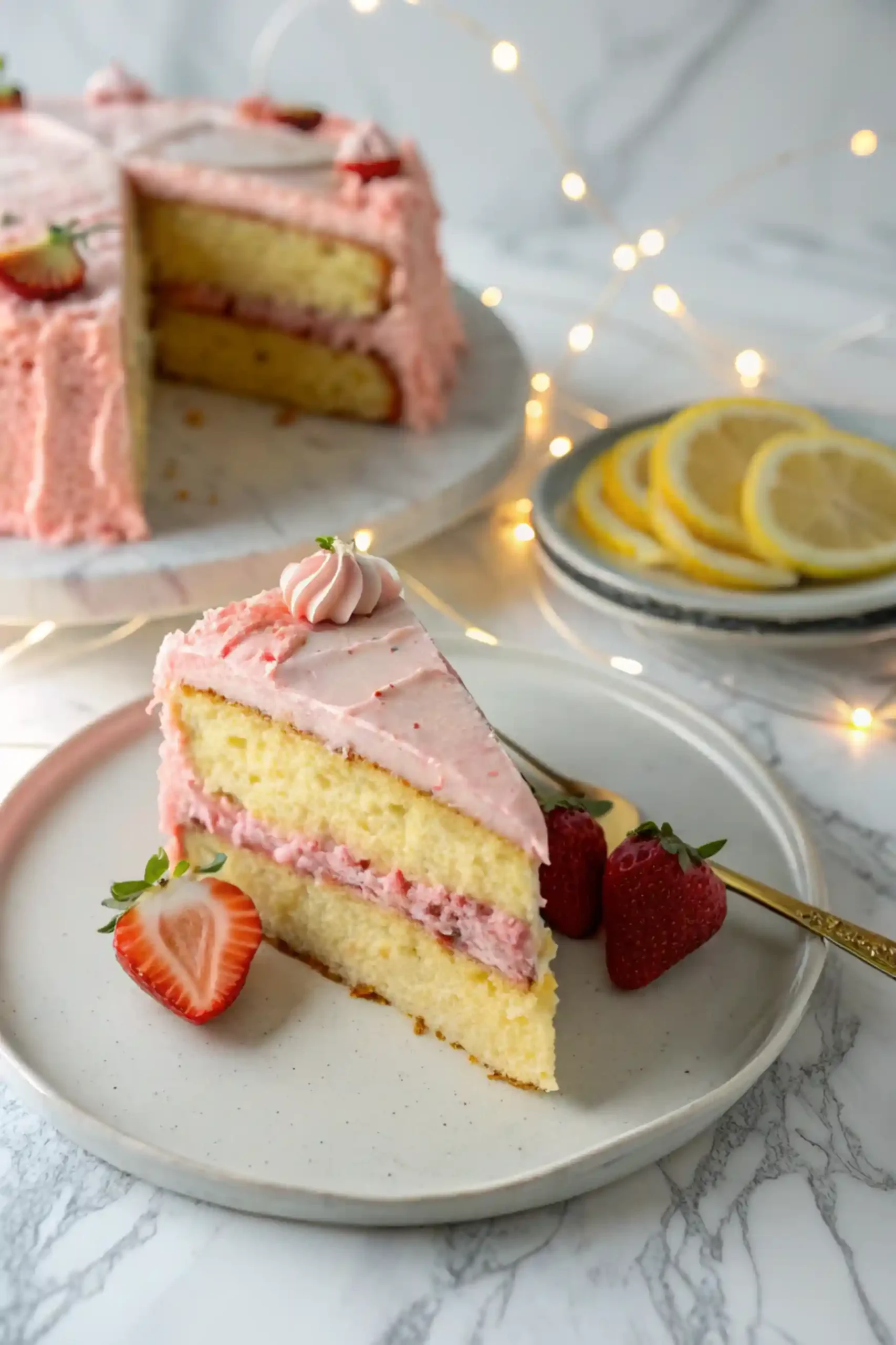 A slice of Strawberry Lemon Cake is placed on a white plate with the whole cake in the background.