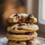 A stack of cream cheese chocolate chip cookies on a white plate, with the top one having a bite taken out.