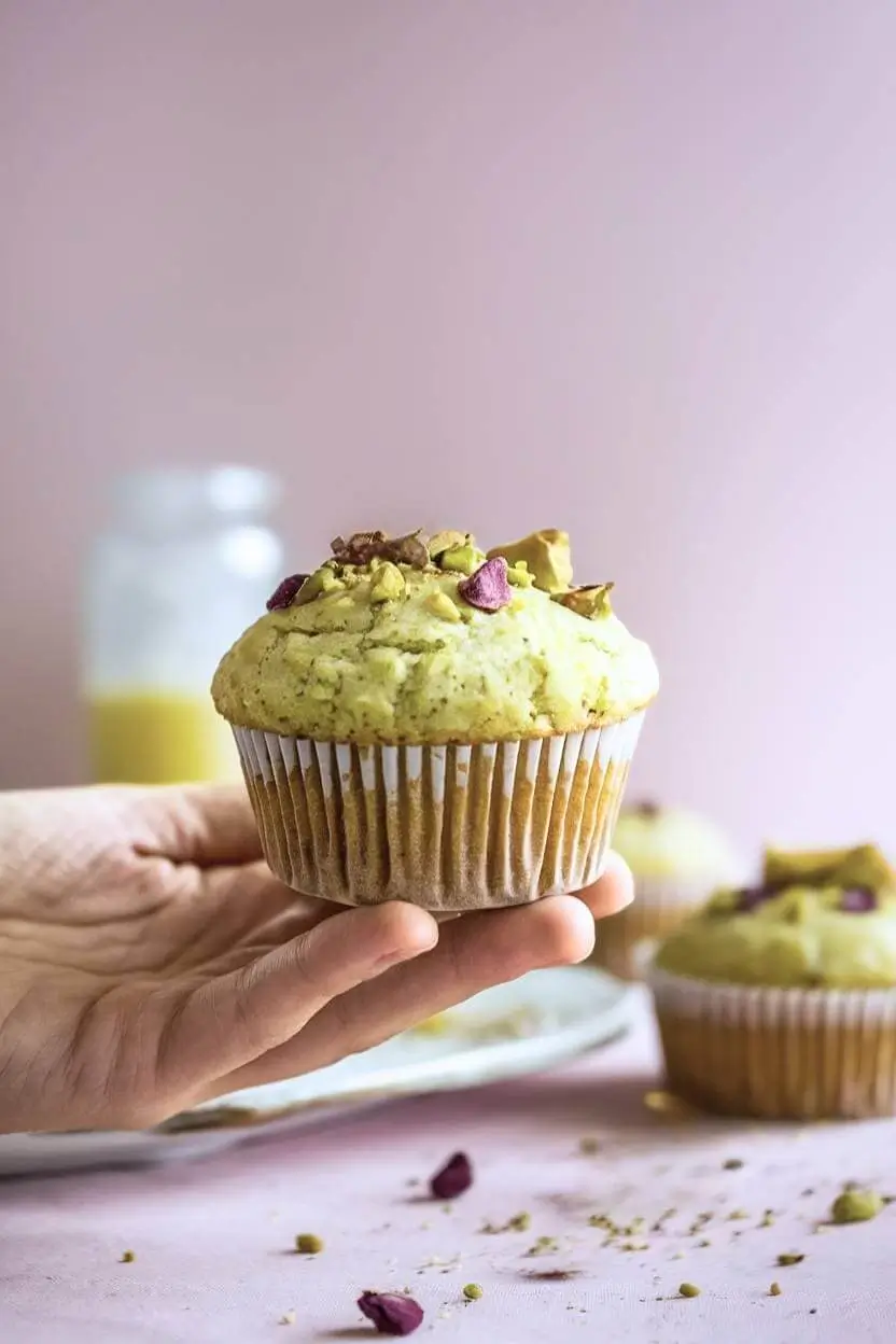 A hand gently holds one pistachio muffin, with other muffins showing in the background.