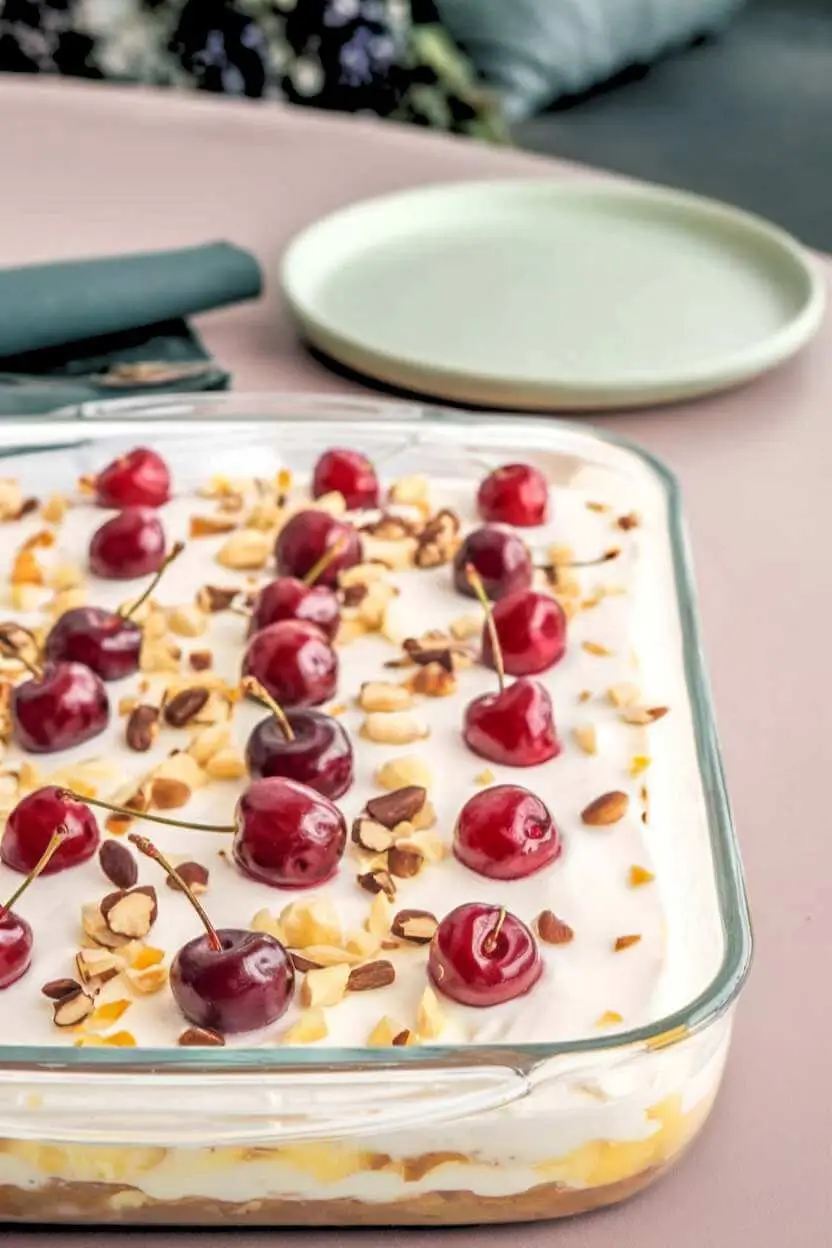 Banana split cake topped with fresh cherries and chopped nuts sits on a light pink table, with an empty green plate behind it.