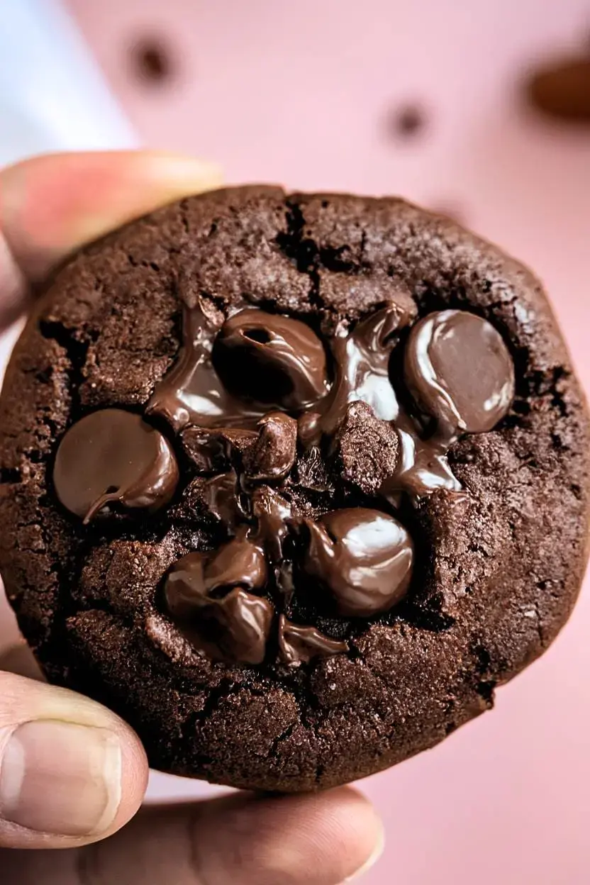 Close-up image of an almond flour chocolate cookie held by a hand