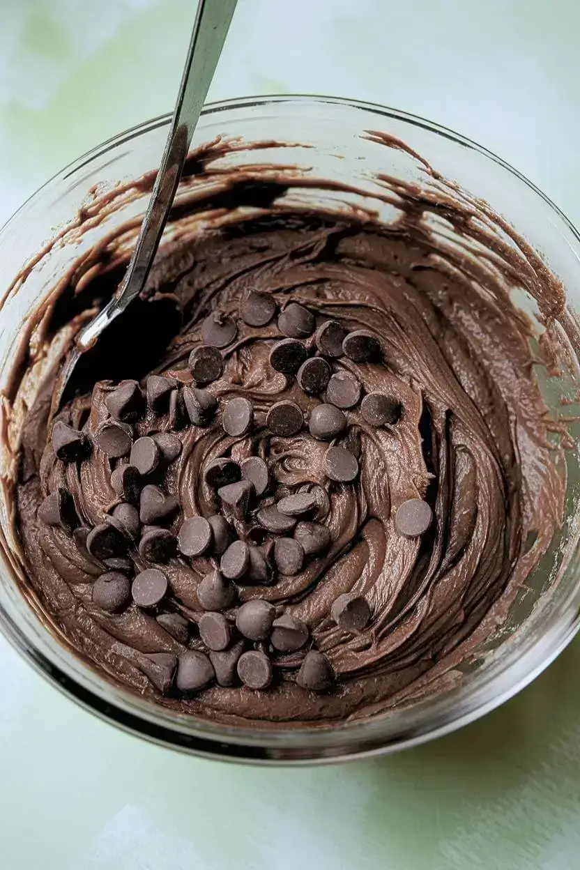 large glass bowl on a light green surface filled with brownie batter, with chocolate chips visible on top.