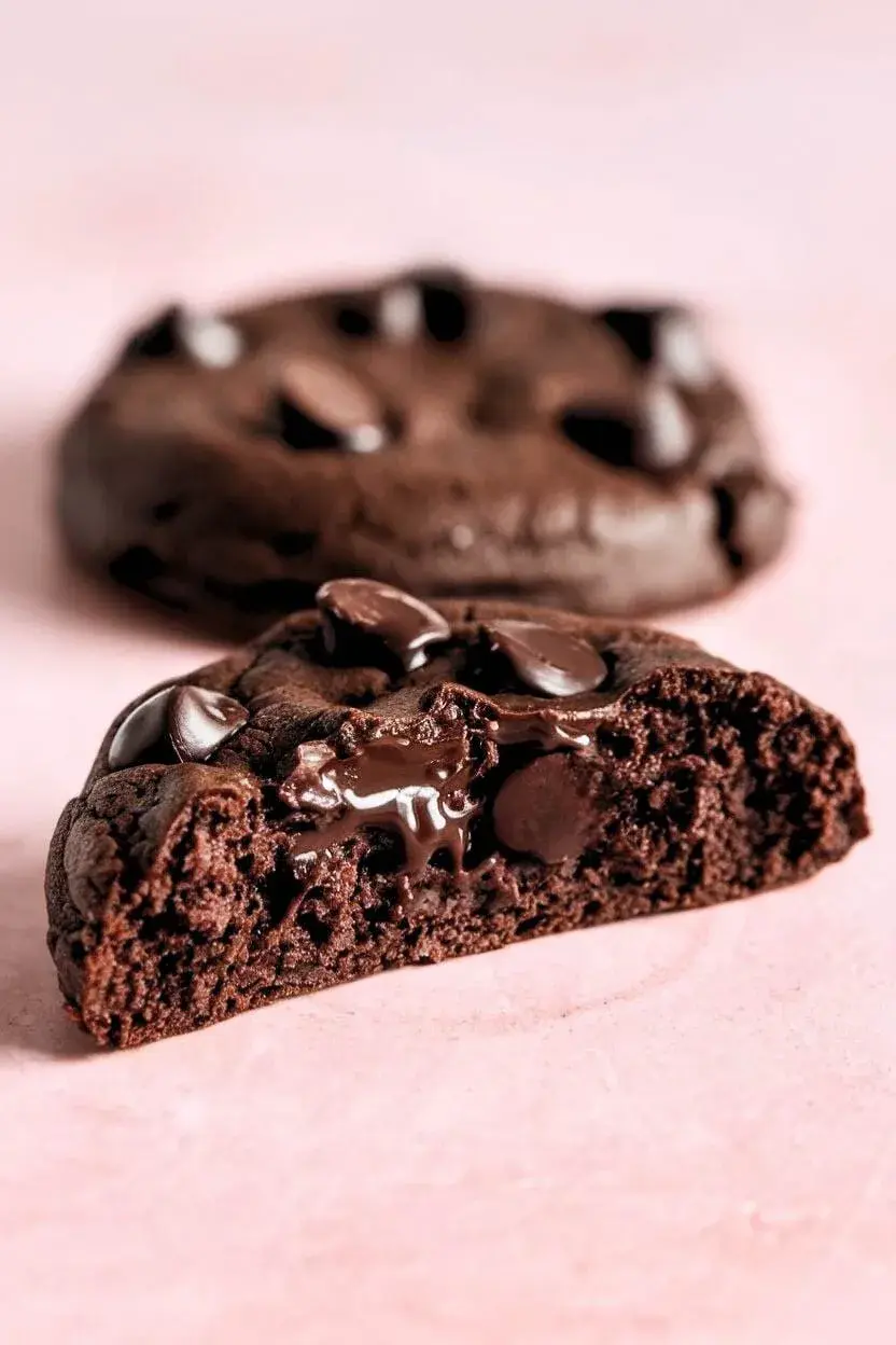 Half of an almond flour chocolate cookie rests on a light pink surface, positioned Infront of another cookie.