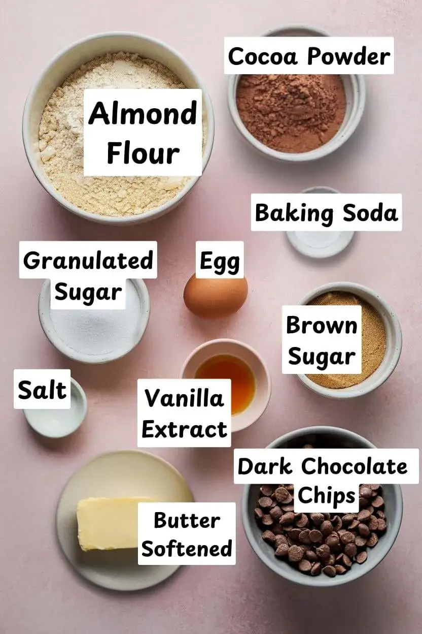Ingredients for almond flour chocolate cookies including almond flour, cocoa powder, baking soda, granulated sugar, brown sugar, vanilla extract, dark chocolate chips, egg, and butter.