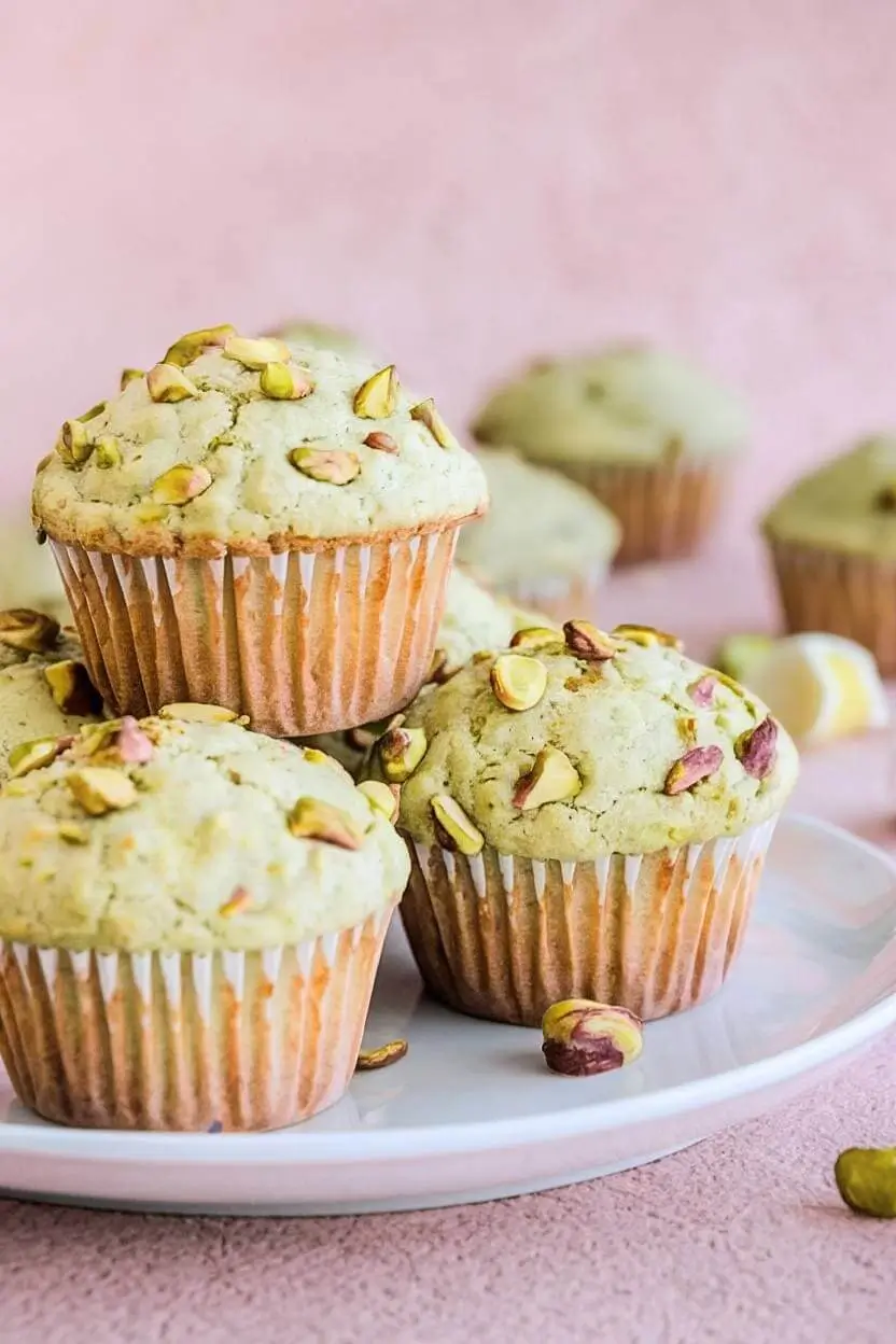 pistachio muffins arranged on a white plate atop a light pink surface.