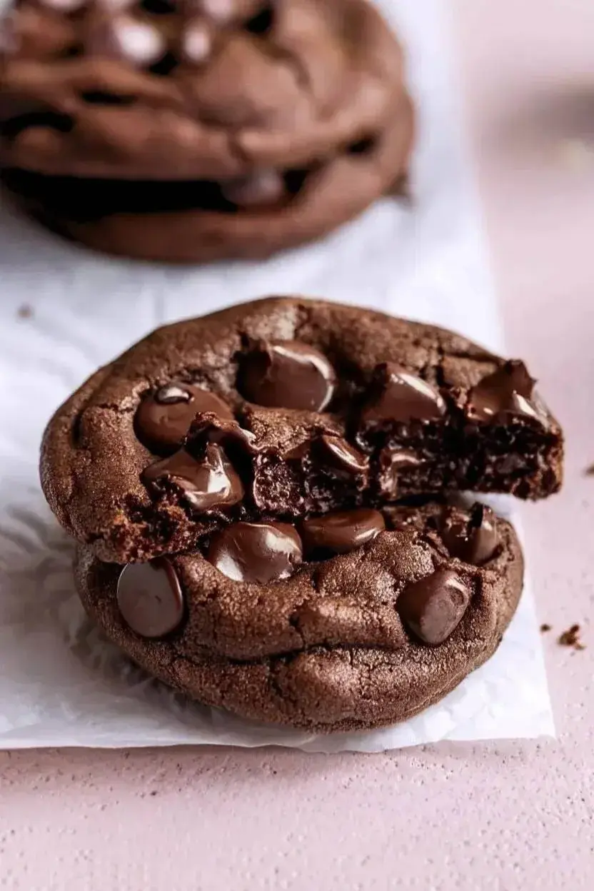 two stack of chocolate cookies with the top has a bite taken out reveling the chewy inside.