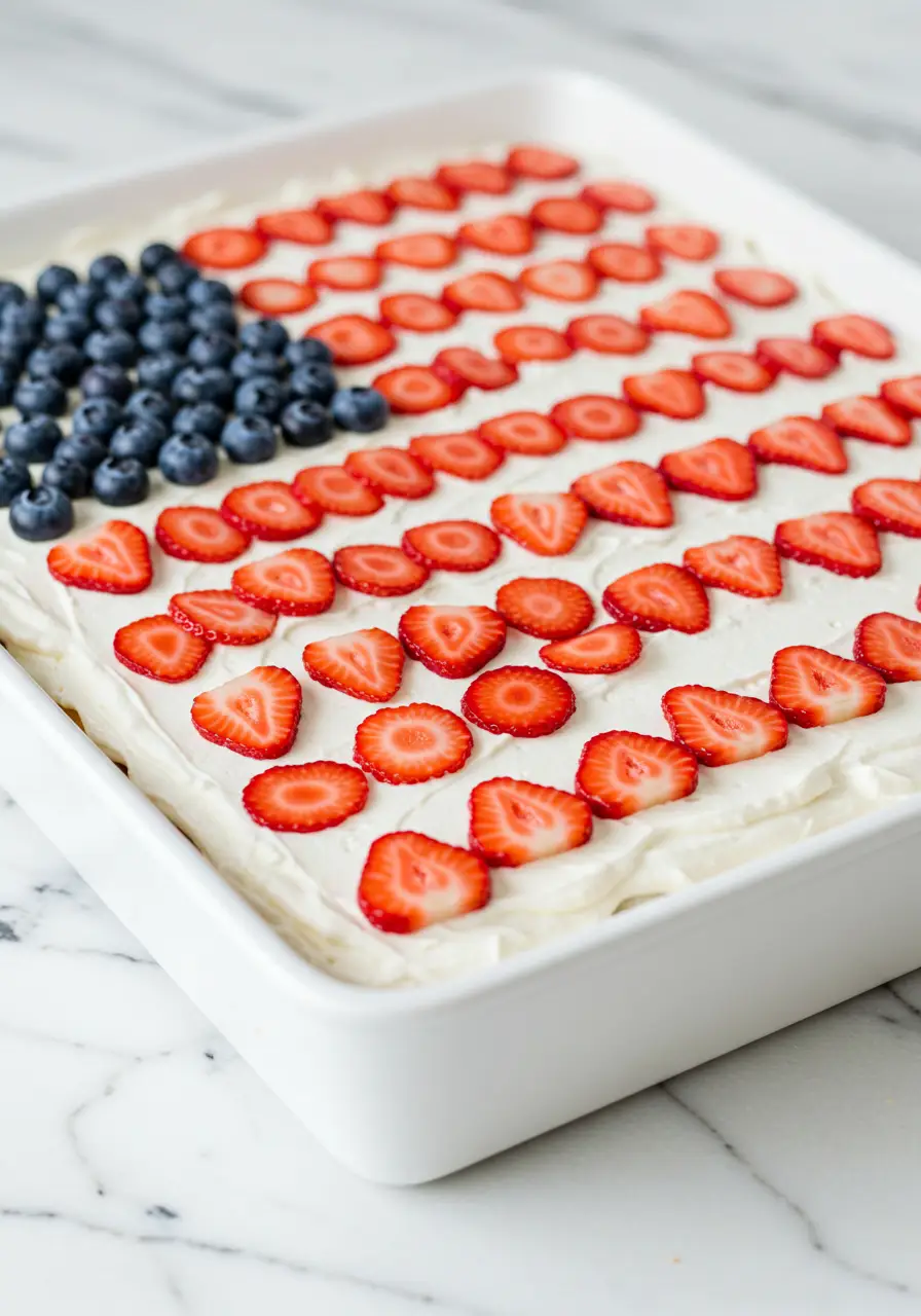 4th of July cake positioned in a white pan.