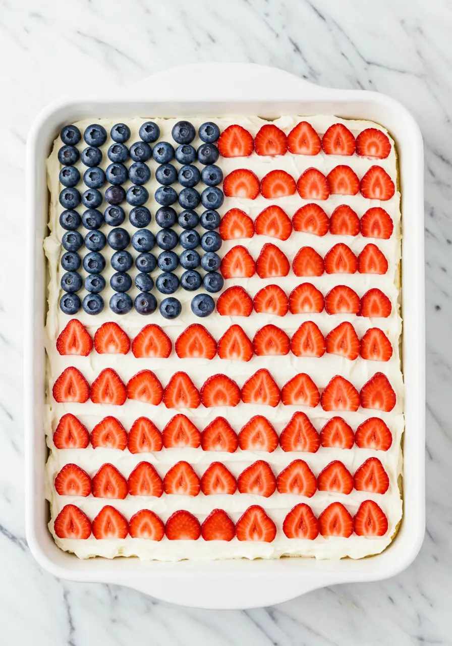 4th of July cake positioned in a white pan on a white marble surface.