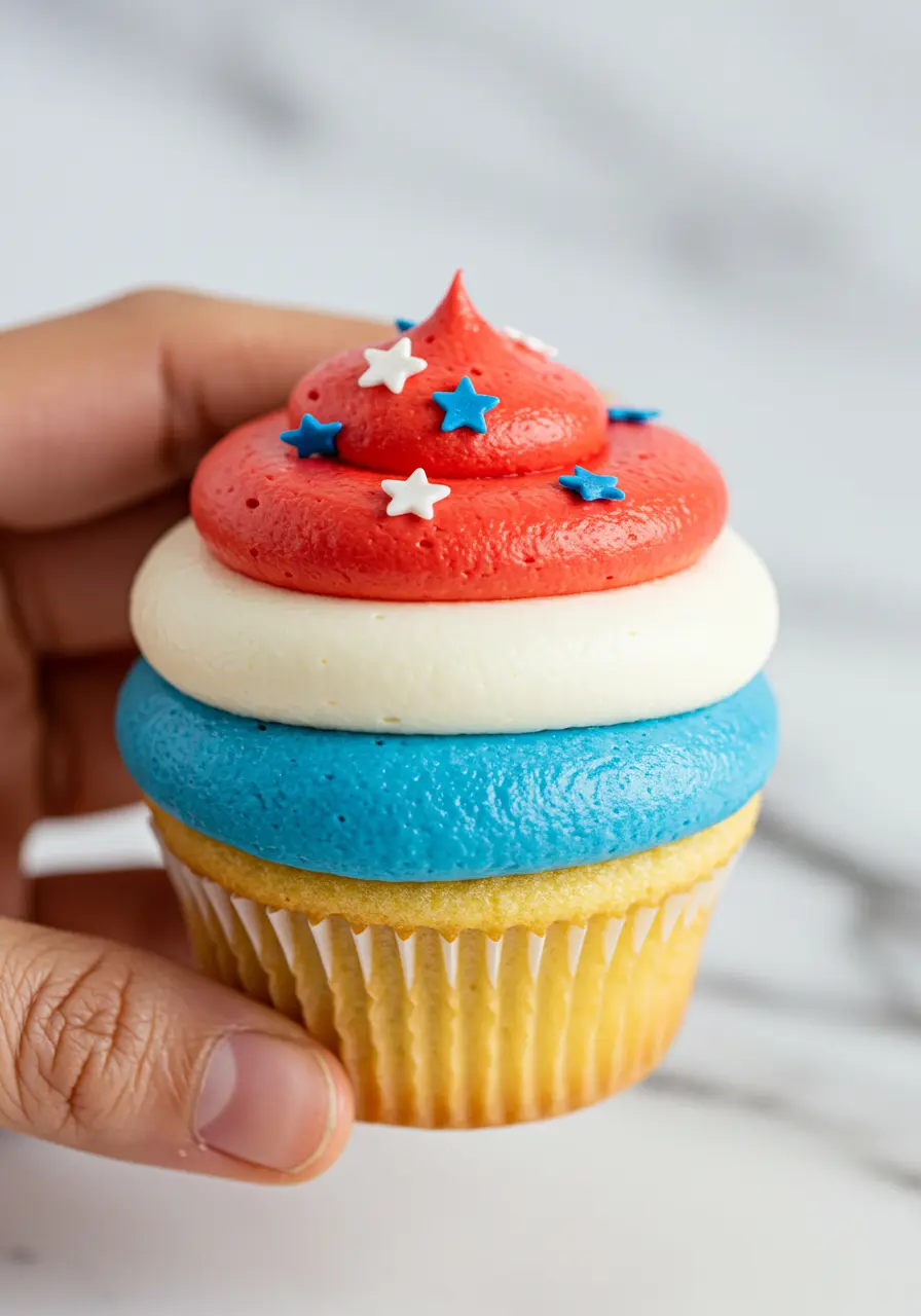 A hand holding a 4th of July cupcake topped with blue, white and red frosting swirls.