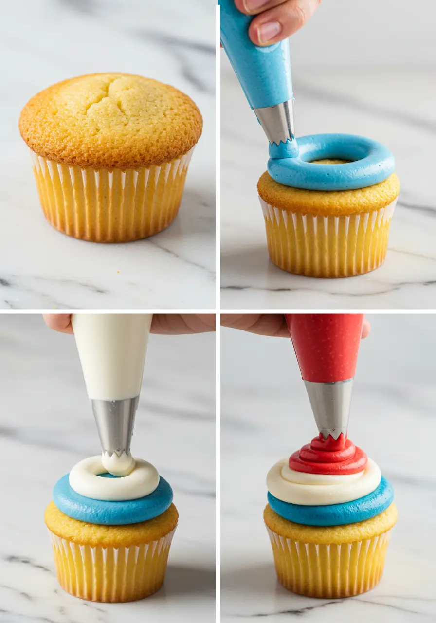 The steps for pipping the 4th of July cupcakes with colored frosting.