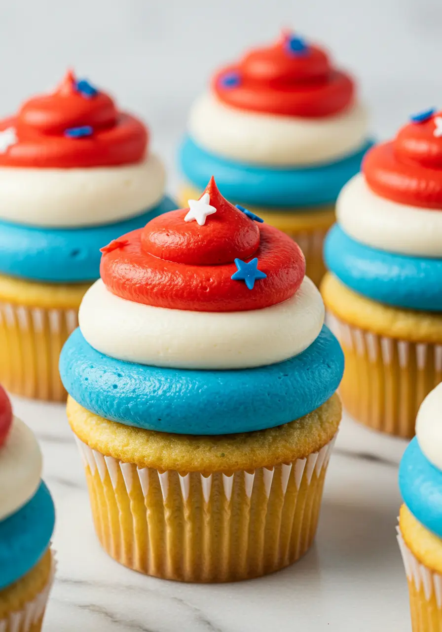 4th of July cupcakes placed on a white marble surface, topped with blue, white and red frosting swirls.