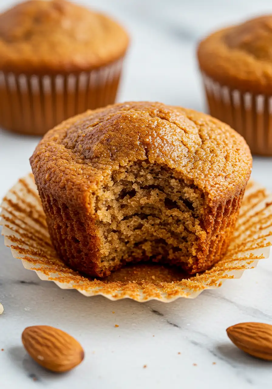 Three almond flour banana muffins placed on a white plate, with the front muffin showing a bite taken out of it.