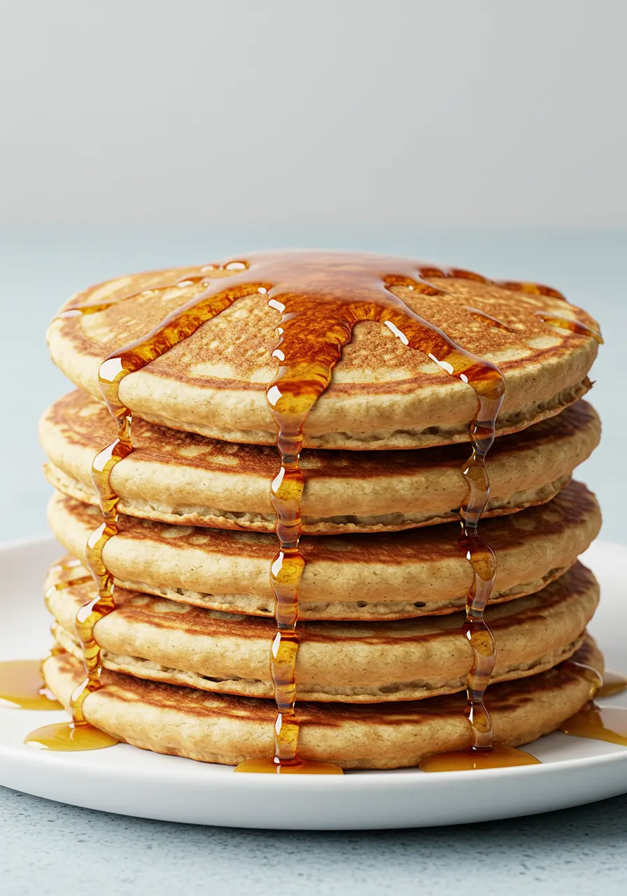 Almond flour pancakes on a white plate against a light blue surface.