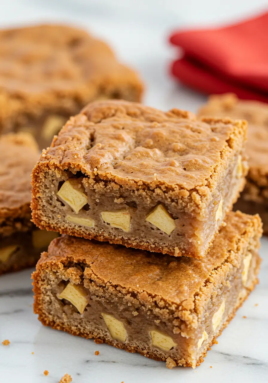 Apple blondies on a white marble surface.