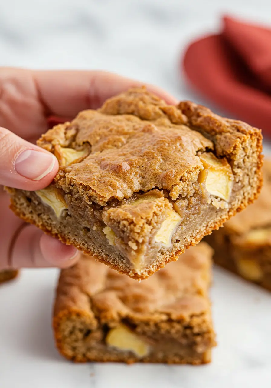 A hand holding an apple blondie.