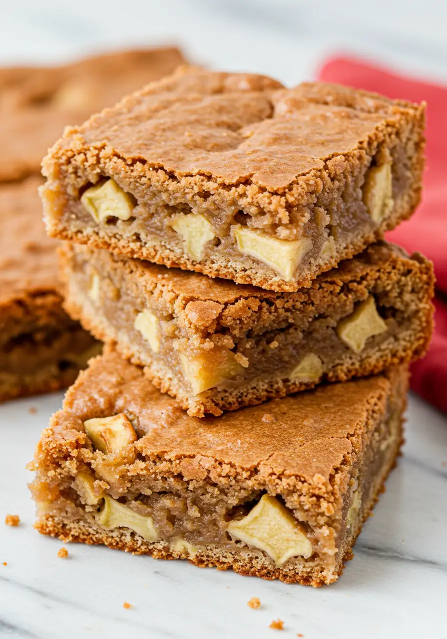 A stack of apple blondies on a marble surface.