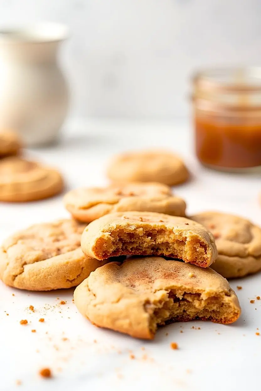 A couple of apple butter cookies on a white marble surface, and a glass jar filled with apple butter behind the cookies.