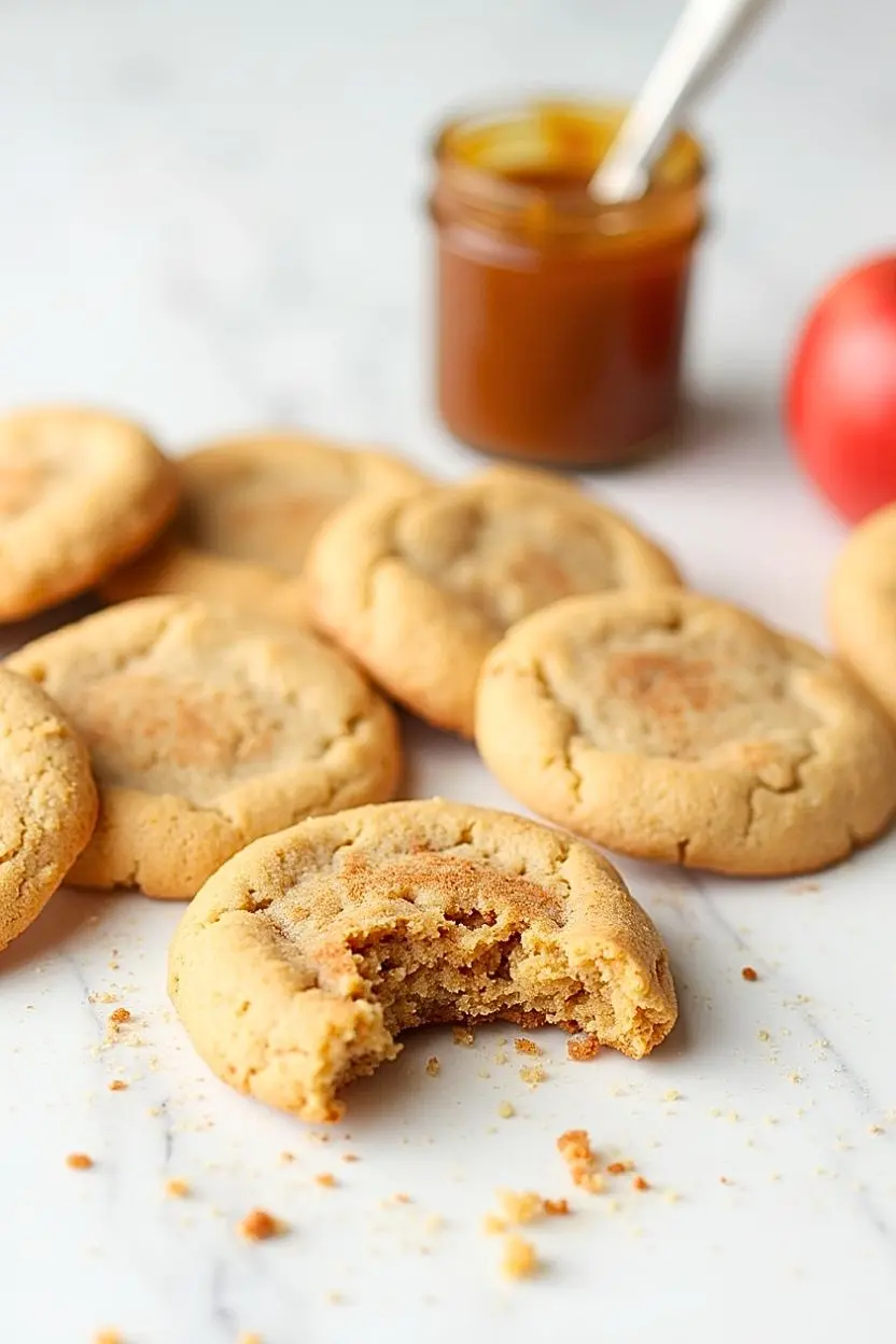 Apple Butter Cookies with one of the cookies has a bite taken out of it, and a glass of apple butter behind the cookies.