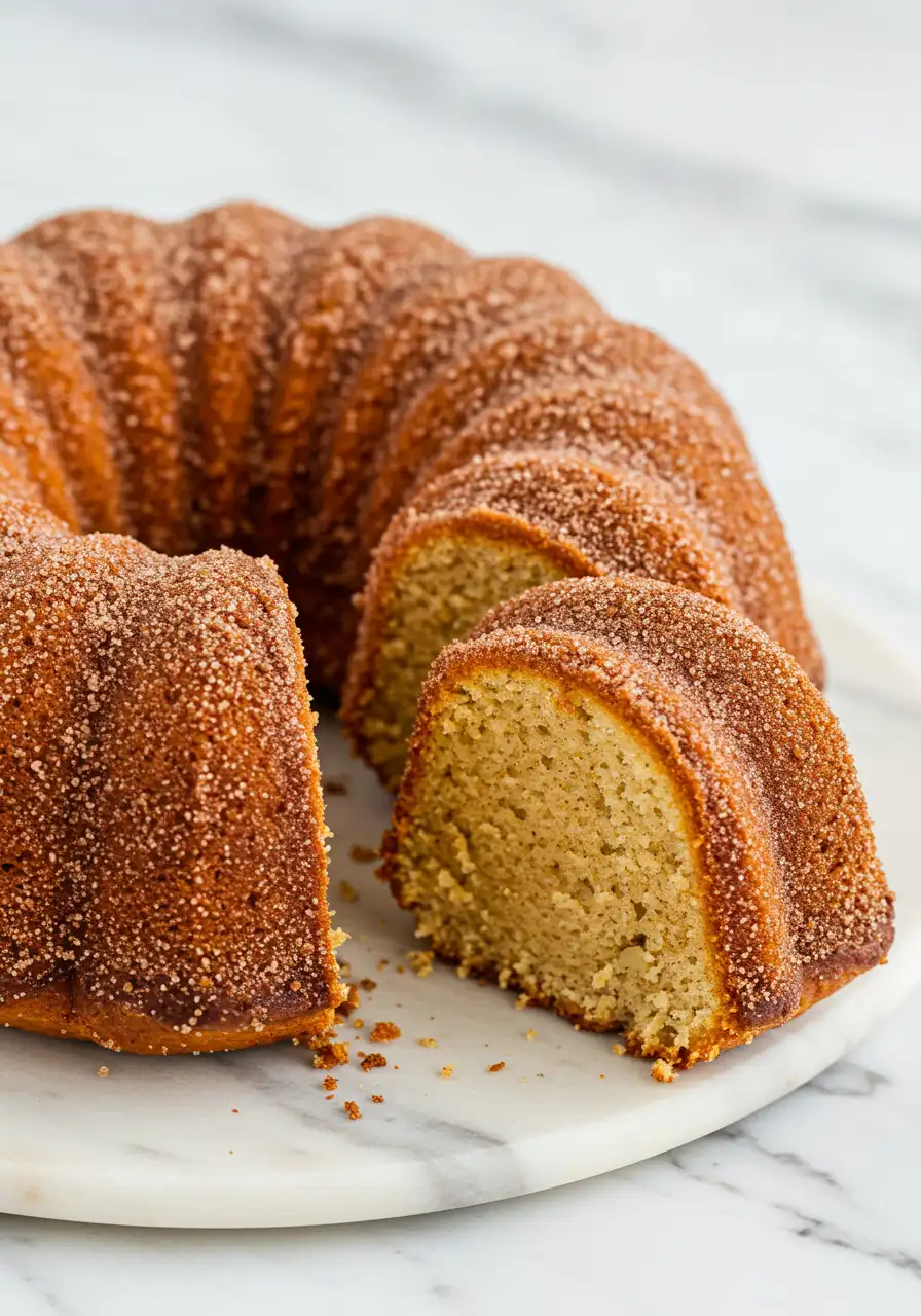 Apple cider donut cake with a slice removed, placed on a white marble plate.