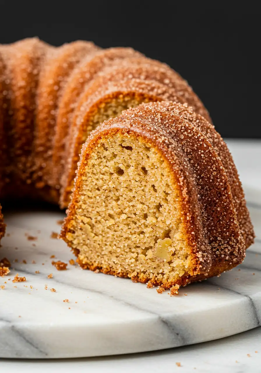 A slice of a apple cider donut cake.