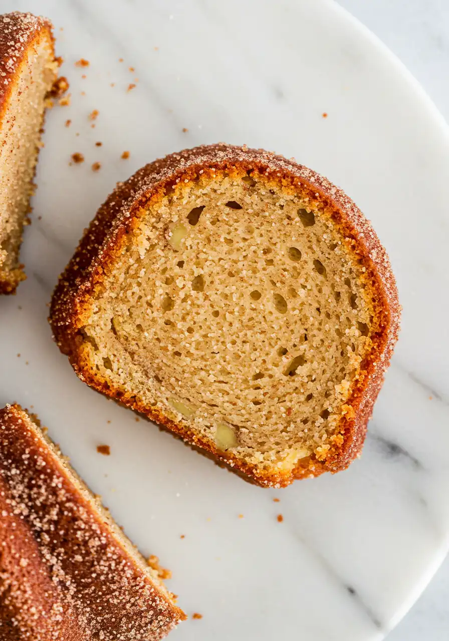 A slice of a apple cider donut cake on a white marble plate.
