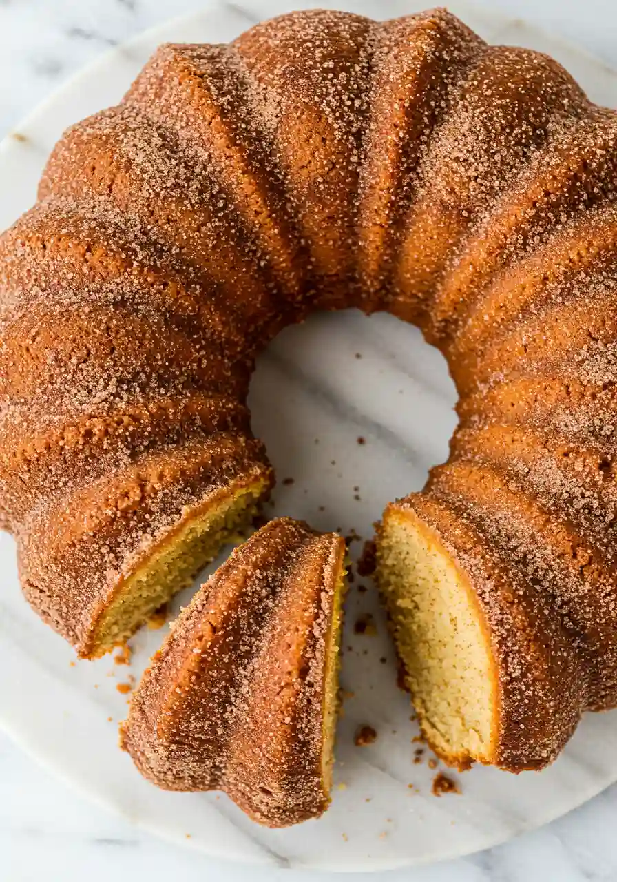 Apple cider donut cake with a slice removed, placed on a white marble plate against a white marble surface.