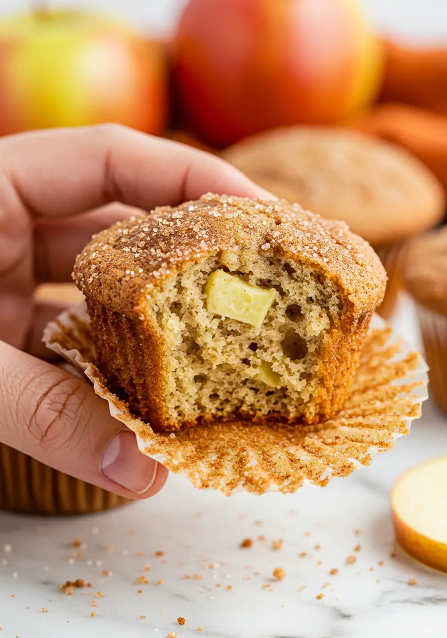 A hand holding an apple cinnamon muffin with a bite taken out of it.