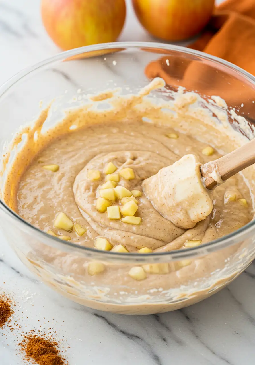 Apple cinnamon muffins batter on a glass bowl.