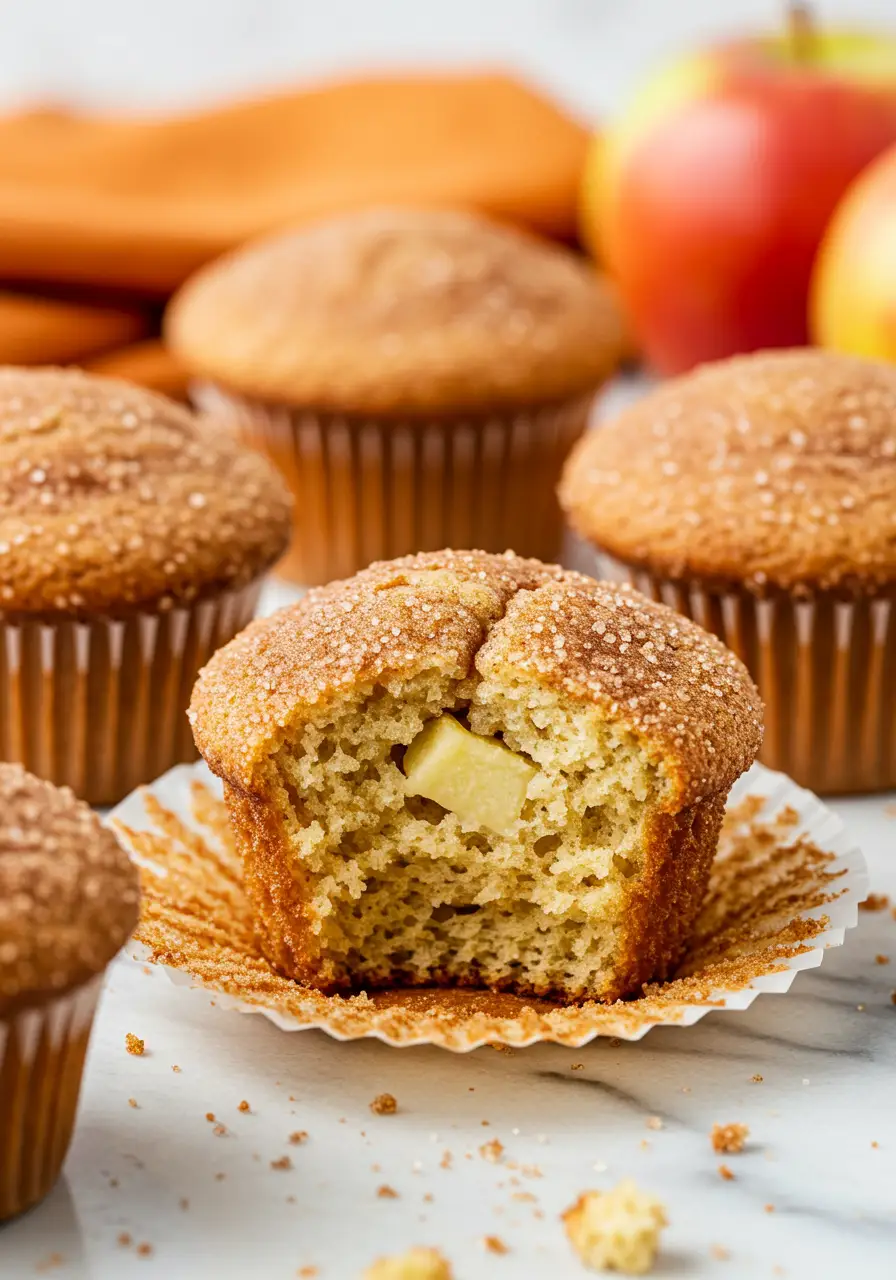 Apple cinnamon muffins on a white marble surface.