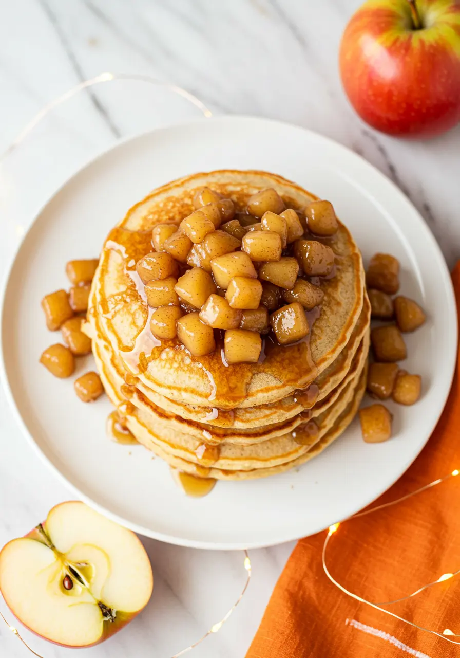 Apple pancakes on a white plate topped with caramelized diced apples and an orange napkin around.