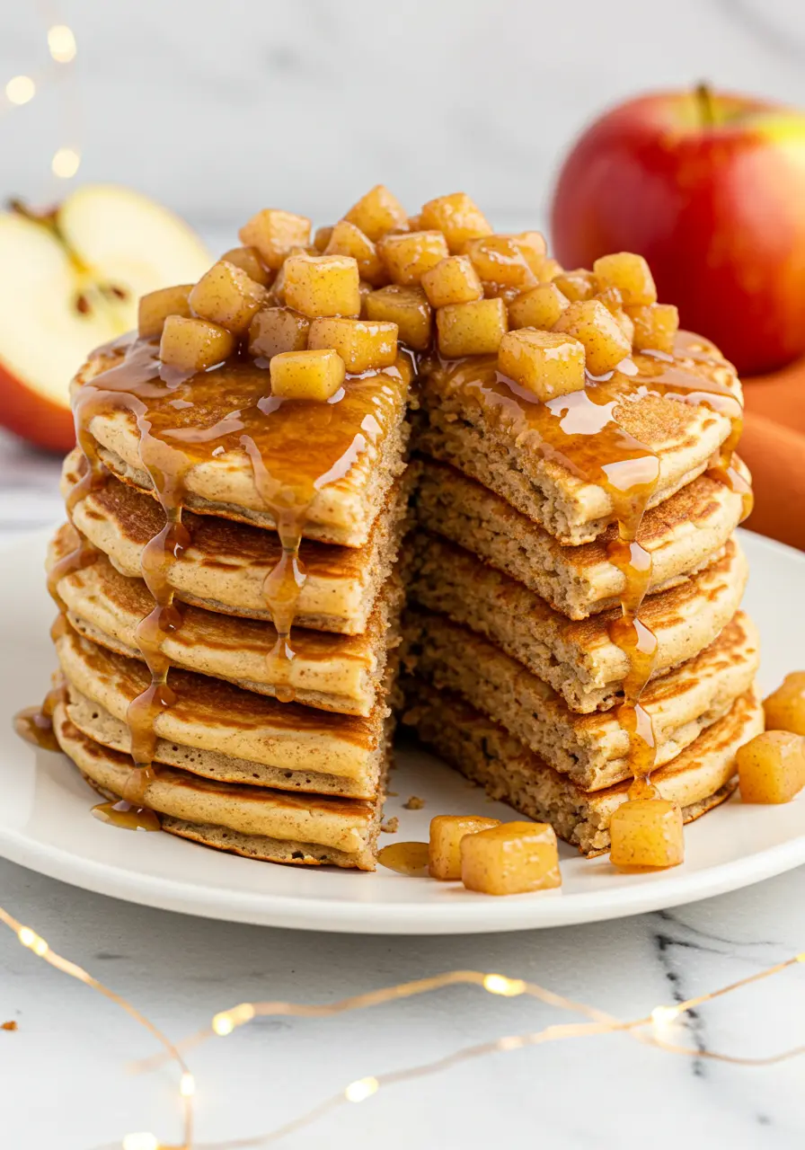 A stack of apple pancakes on a white plate topped with caramelized diced apples and a big serving taken out of it.