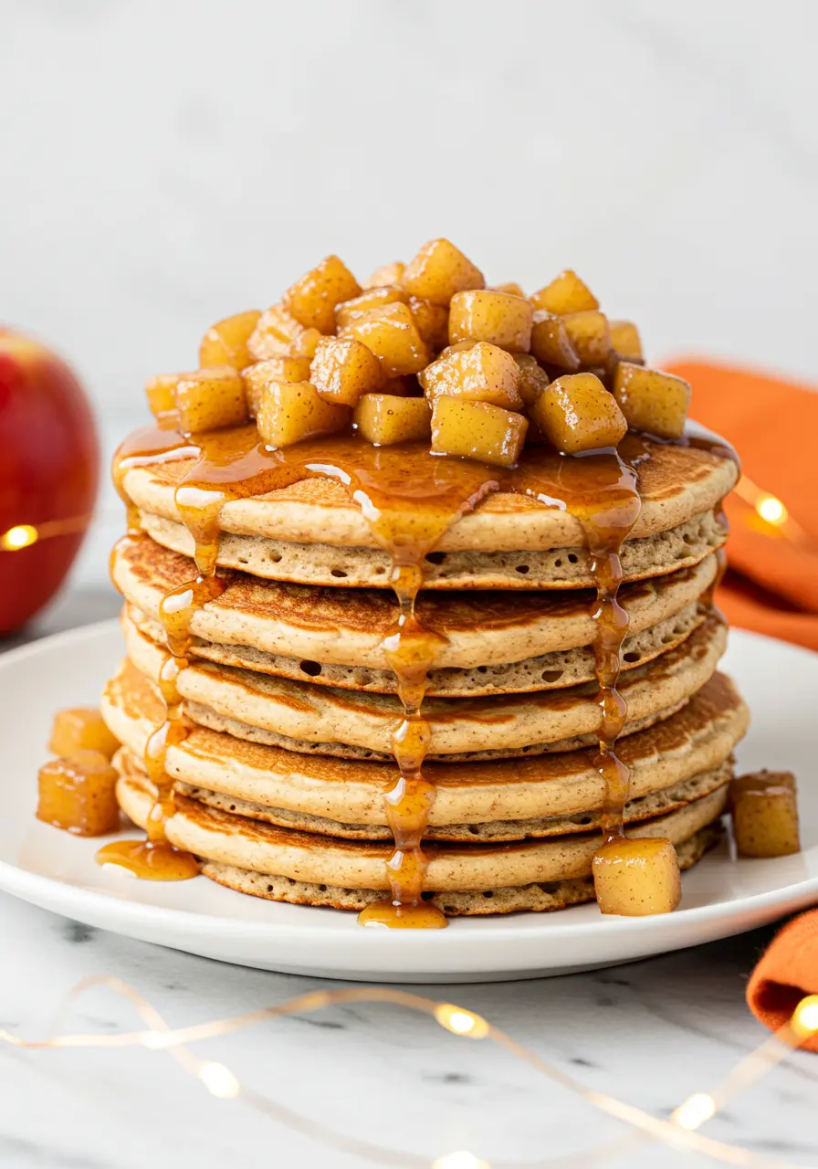 Apple pancakes on a white plate topped with caramelized diced apples.