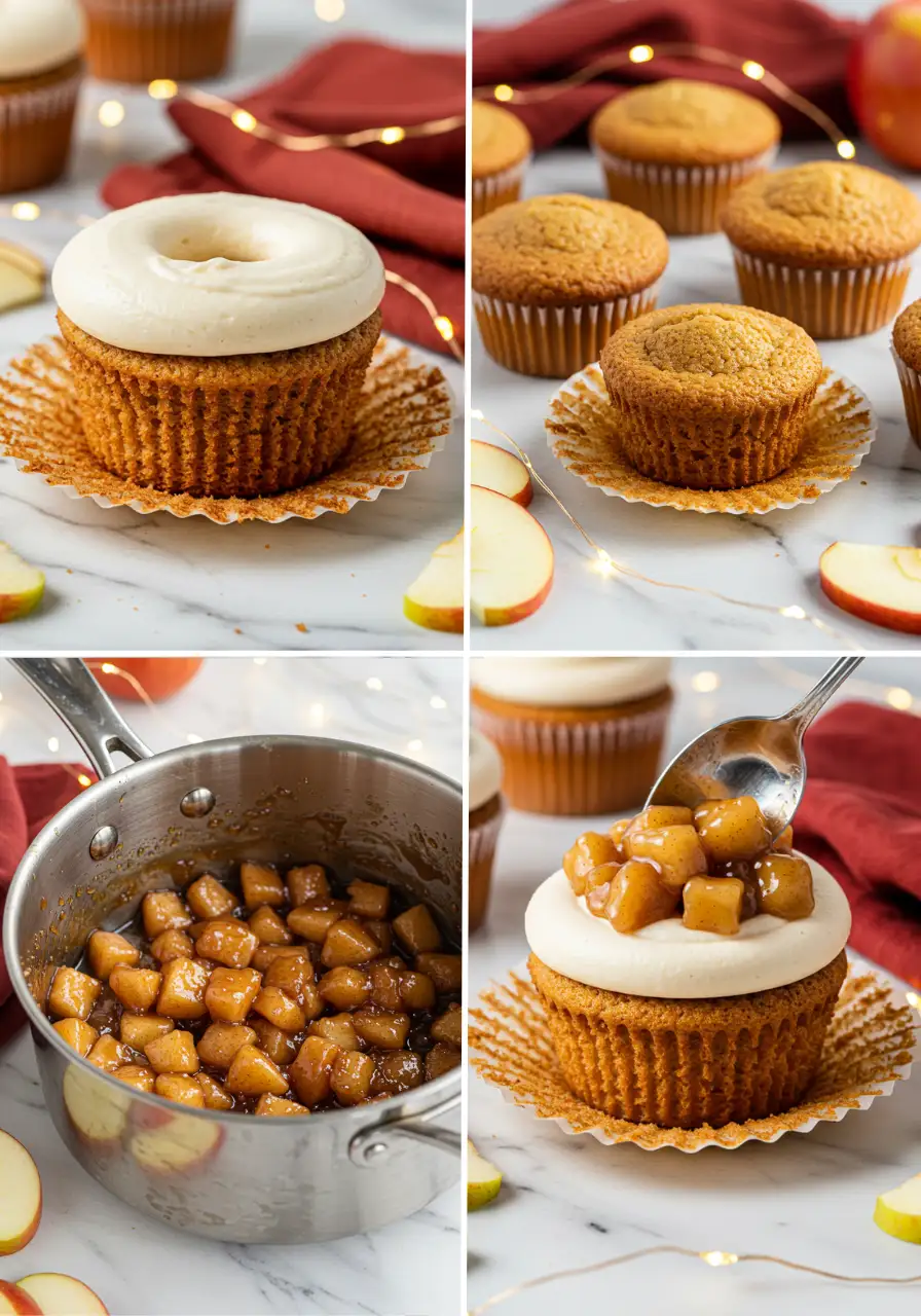 The steps of making apple pie cupcakes.