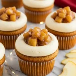Apple pie cupcakes on a white marble surface.