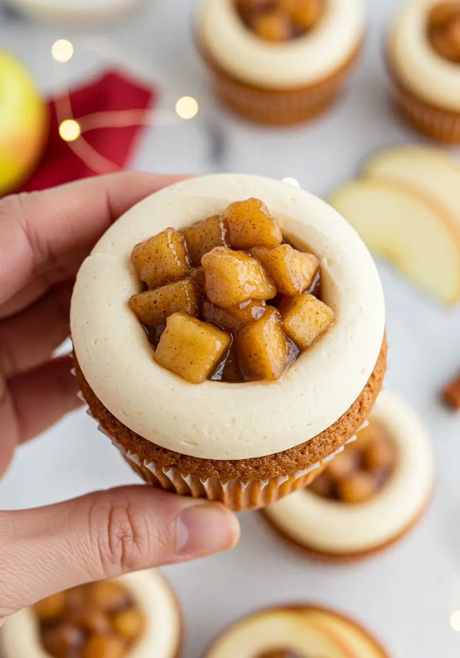 A hand holding an apple pie cupcake.