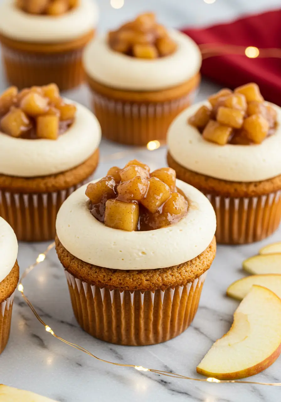 Apple pie cupcakes on a white marble surface.