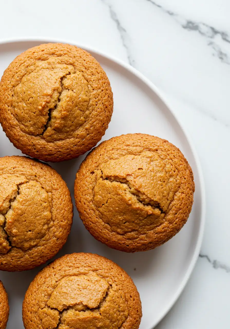Applesauce muffins on a white plate against a white marble surface.