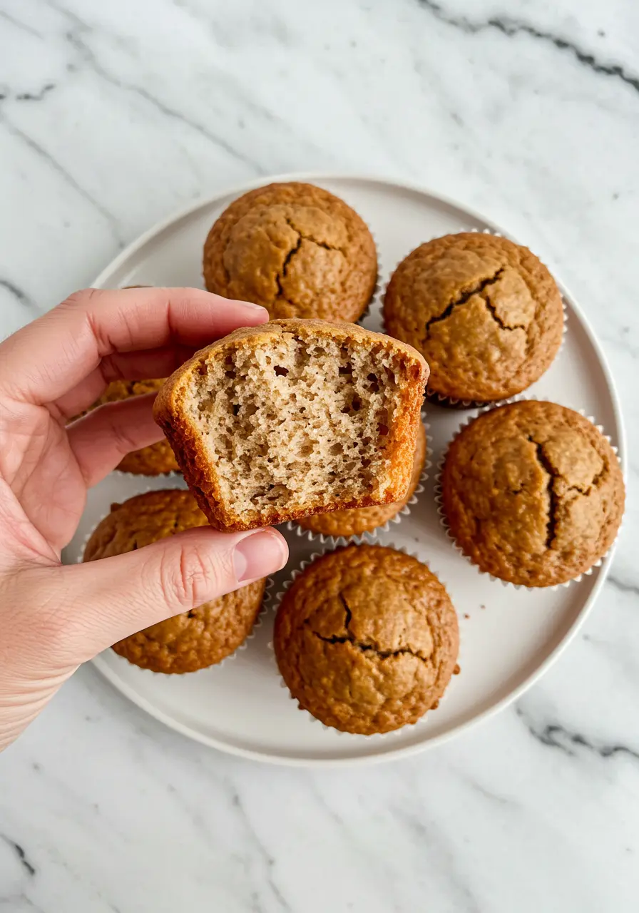 A hand holding one Applesauce muffin with a bite taken out of it.