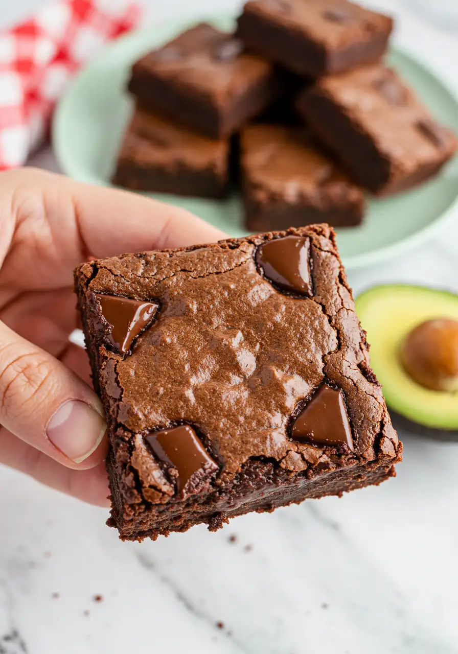 A hand holding a slice of avocado brownies.