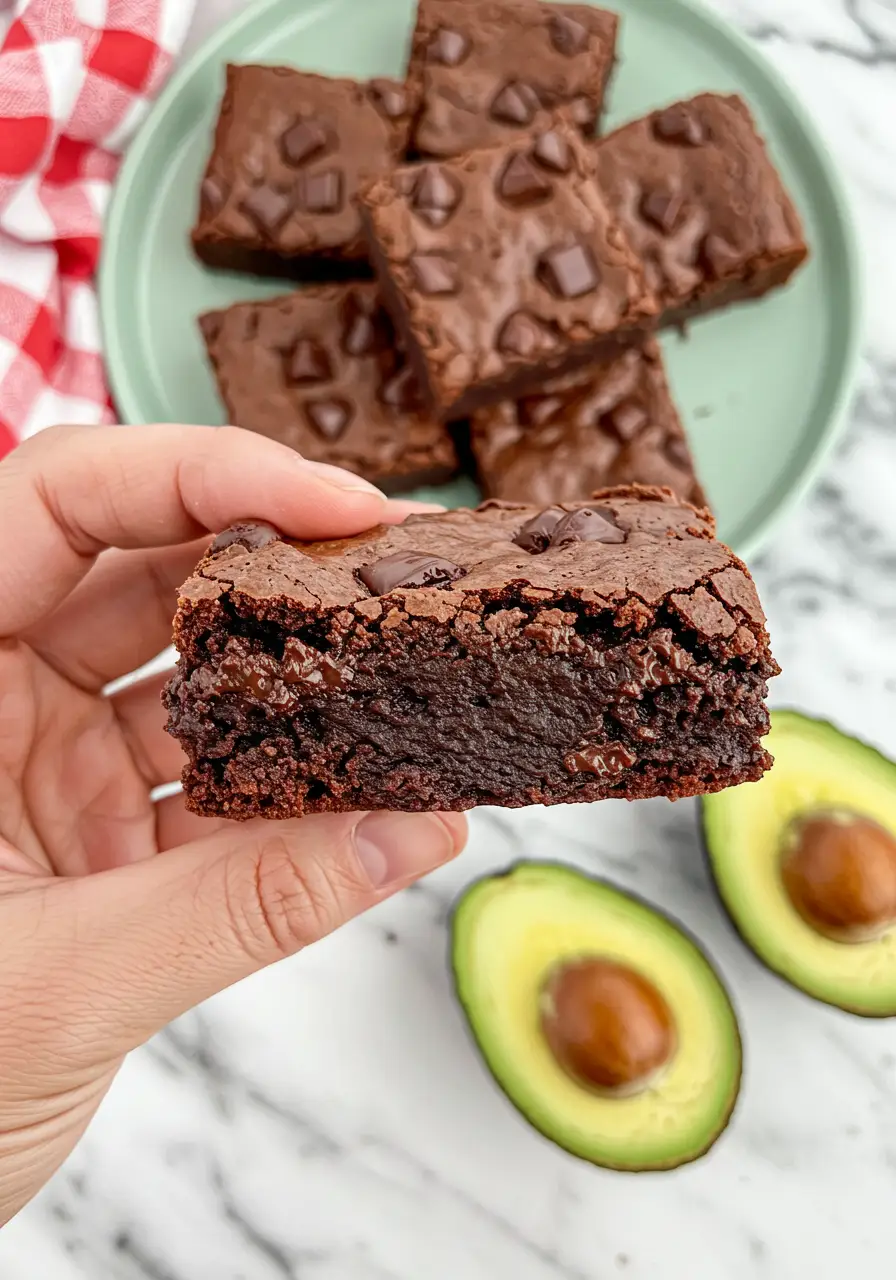 A hand holding a slice of avocado brownies and the plate filled with the other brownies shows in the background.