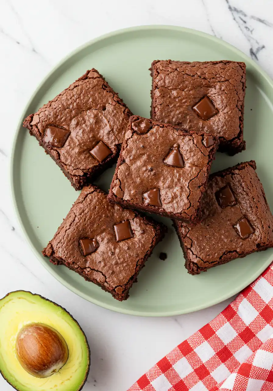 Avocado brownies on a light green plate with half avocado and a napkin next to the plate.
