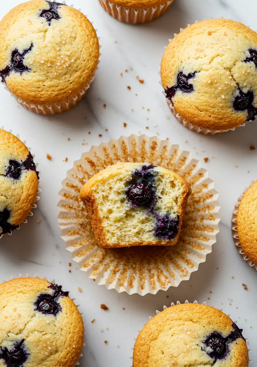 Banana blueberry muffins are placed on a white marble surface, and one muffin is split in half.