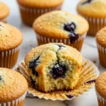 Banana blueberry muffins placed on a white marble surface.