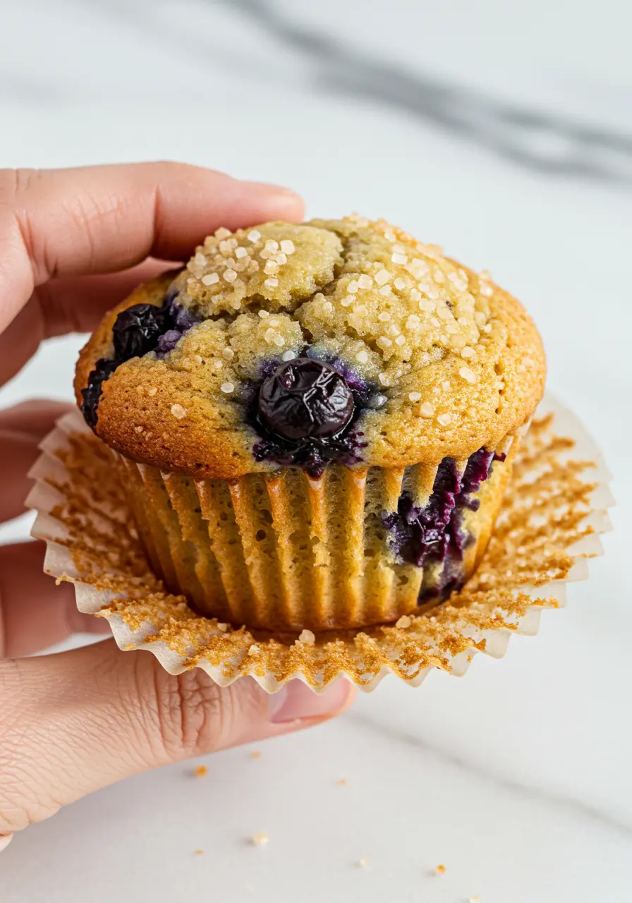 A hand holding a banana blueberry muffin.