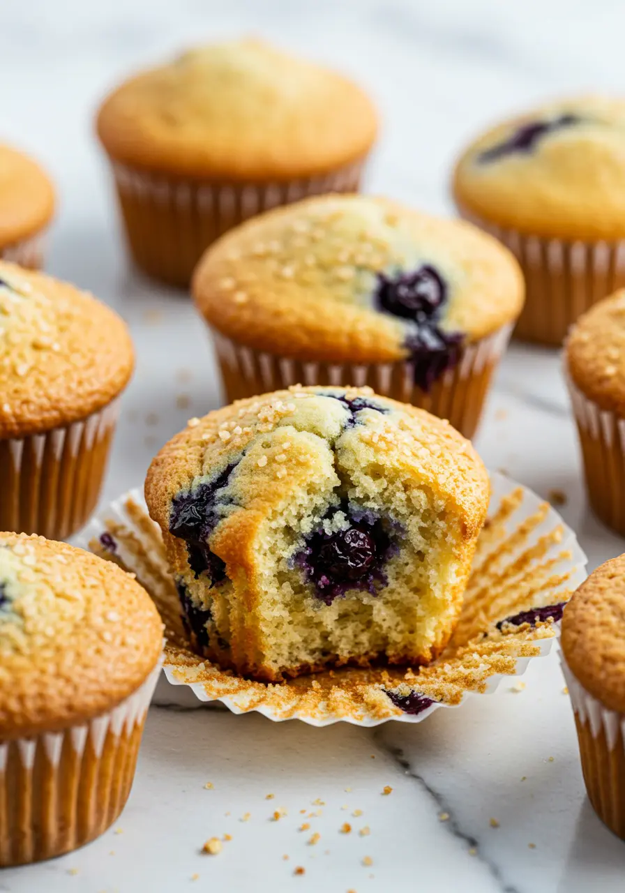 Banana blueberry muffins placed on a white marble surface.
