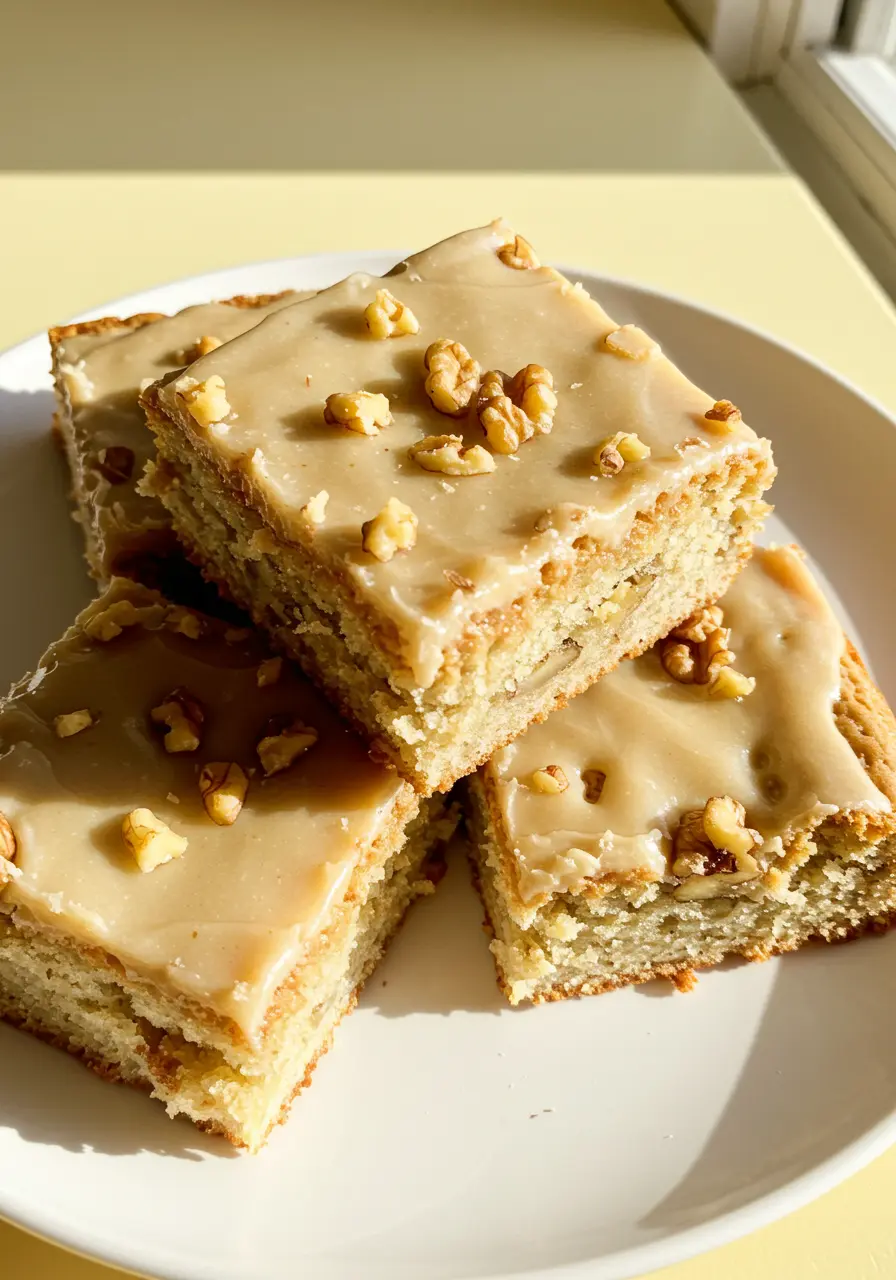 Banana bread brownies on a white plate.