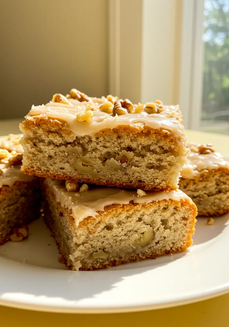 Banana bread brownies on a white plate against a light-yellow surface.
