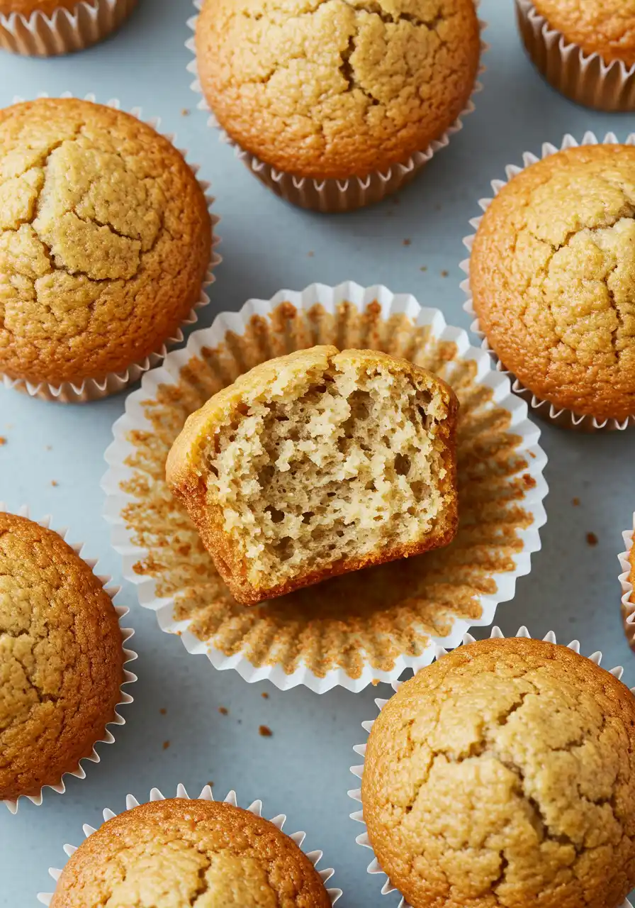 Banana bread muffins on a light blue surface and the one in the center is cut in half.