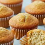 Banana bread muffins on a light blue surface.